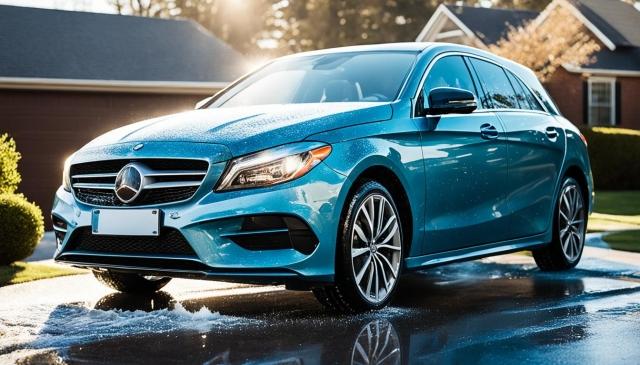 A sparkling clean car sits in a driveway as water droplets glisten in the sunlight