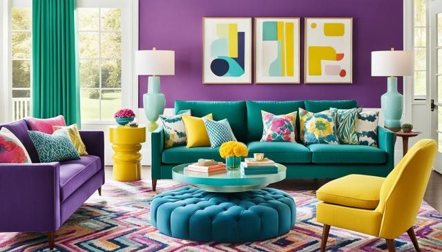 a living room filled with vibrant and colorful furniture pieces, each one adding a pop of color to the space